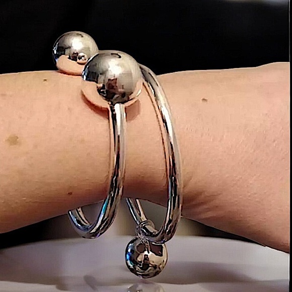 Sterling Silver Drop Ball Bangle Set 2 piece, Drop Ball, Small & Big Ball Set - Picture 7 of 16
